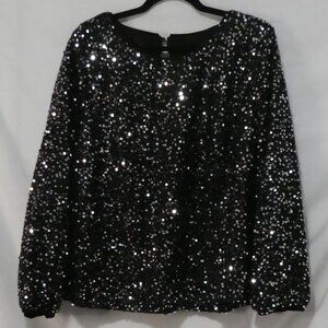 SHEIN - Curve | 1XL | Sparkling Lined Black Sequin Long Sleeve Top
